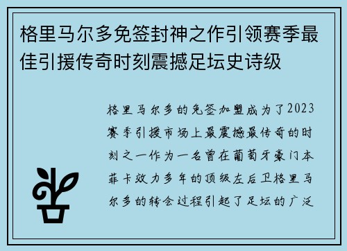 格里马尔多免签封神之作引领赛季最佳引援传奇时刻震撼足坛史诗级